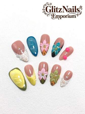 10 件纯手工可穿戴指甲 25 毫米杏仁指甲压片可拆卸手绘法式边缘有白色、绿色和黄色等颜色采用纯手工雕刻造型胶水技术搭配金色钢珠仿珍珠配件点缀按压指甲美甲用品指甲