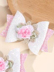 2 件白色和粉色闪光蝴蝶结发夹，仿真花压缩夹配饰发饰蝴蝶结，可爱发饰，适合女孩青少年派对夏季礼物