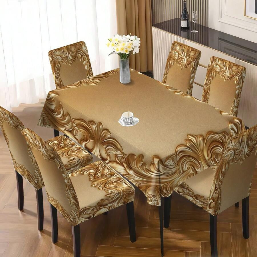 1 件/5 件/7 件豪华金色图案桌布和椅套套装(5 件包括 4 个椅套和 1 张桌布,7 件包括 6 个椅套和 1 张桌布),适合家庭聚会的节日风格,长方形桌布适合方桌,弹性椅套适合室内餐厅 - 彩色 - 查看 1