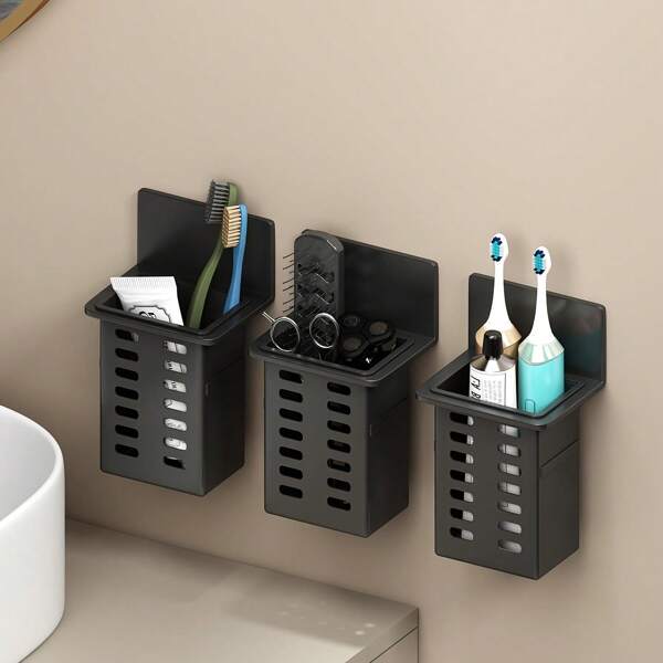 1/2pcs Wall Mounted Toothbrush & Toothpaste Holder, Bathroom Storage Organizer, Drill-Free Installation, Suitable For Bathroom, Bedroom, Living Room Essentials