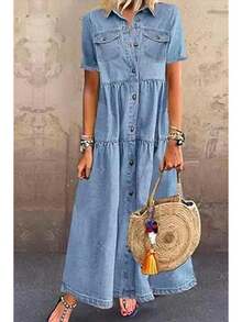 Women's Plus Size Denim Dress Short Sleeve Turn Down Collar Button Front Loose Swing Jean Dress - 淺藍色 - 查看 1