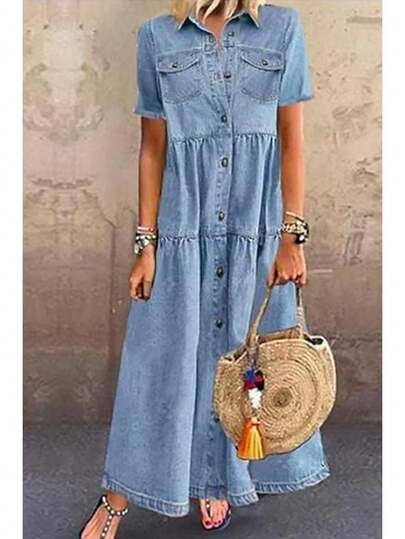 Women's Plus Size Denim Dress Short Sleeve Turn Down Collar Button Front Loose Swing Jean Dress