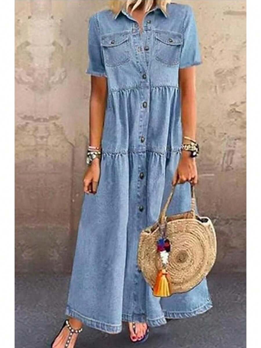 Women's Plus Size Denim Dress Short Sleeve Turn Down Collar Button Front Loose Swing Jean Dress - 淺藍色 - 查看 1