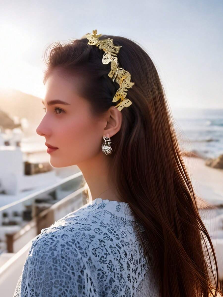 1 件金色蝴蝶编织头带 - 镂空金属翅膀，百搭，适合波西米亚风婚礼和日常精致服装，金色发饰，女士发带，发饰，发箍 - 金色 - 查看 1