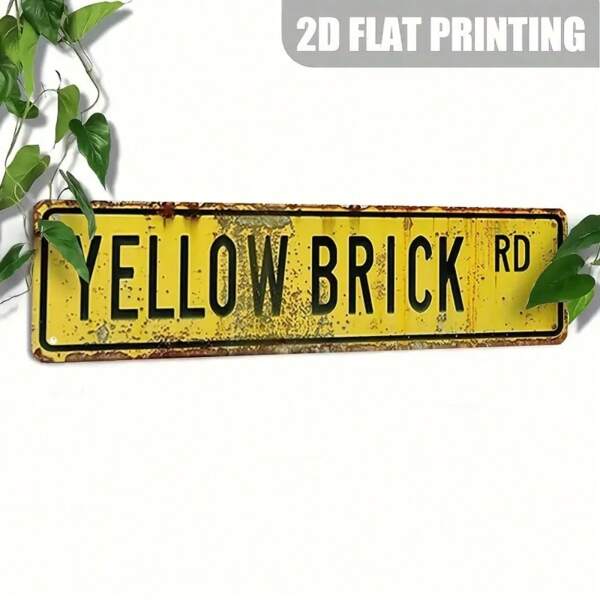 1pc, 2D Flat, Vintage Style Street Metal Decorative Sign, Yellow Brick Road Metal Sign Wall Decor For Home, Cafe, Garage, Farmhouse, Toilet, Bathroom, Kitchen, Garden Road Signs--Hole Position Styles Random.