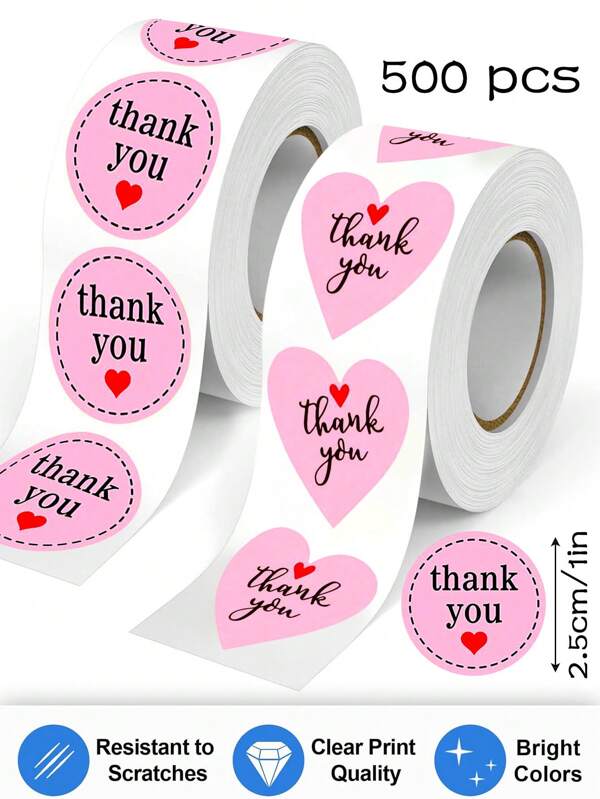 500 Stücke/Rolle rosa runde herzförmige Aufkleber Rolle, Valentinstag Geschenk, Danke Aufkleber, handgemachte Hochzeit Geburtstag dekorative Etiketten