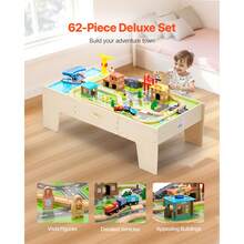 Train Table, 62 Multicolor Pieces Wooden Kids Activity Table With Large Storage Drawer, 3-In-1 Wooden Train Set For Playing, Drawing, Reading, Eating, Creative Toy Set For Kids Ages 3+ - 62 Multicolor Pieces - View 3