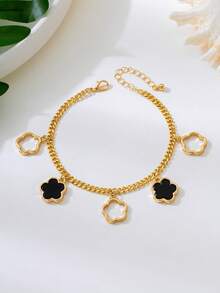 1件夏季沙滩风时尚可爱幸运四叶草吊坠脚链，适合派对、度假、送礼 - 黑色 - 查看 2