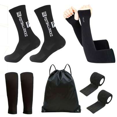 5Pcs/Set Soccer Mid-Calf Socks + Sun Protection Ice Sleeves + Protective Sock Covers + Sports Straps + Drawstring Backpack, Professional Training Anti-Slip Adhesive Socks For Men And Women, Suitable For Ball Games, Running Outdoor Activities