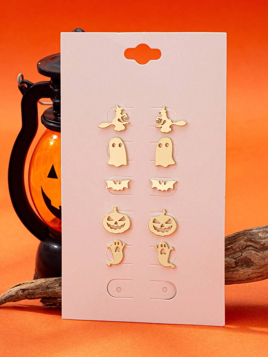 5 对万圣节金色金属南瓜、蝙蝠、幽灵、女巫耳钉套装，优雅简约设计女士小耳环套装，适合万圣节派对、日常佩戴 - 金色 - 查看 1