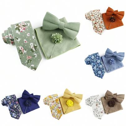 ZONFAZ Conjunto de 4 piezas para hombre que incluye corbata floral, pajarita a tono, pañuelo de bolsillo y alfiler de solapa, de material suave y agradable para la piel, adecuado para bodas, fiestas y reuniones