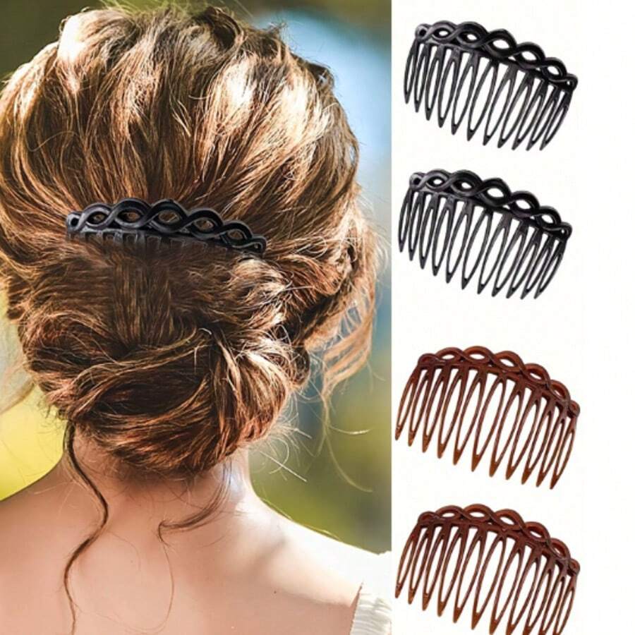 4pcs Black & Brown Braided Hair Claw Clips, Simple & Elegant For Updo Hairstyles, Suitable For Everyday Use And Casual Events, Combs, Haircomb, Combs For Hair, Side Comb, Hair Accessories, School Stuff,