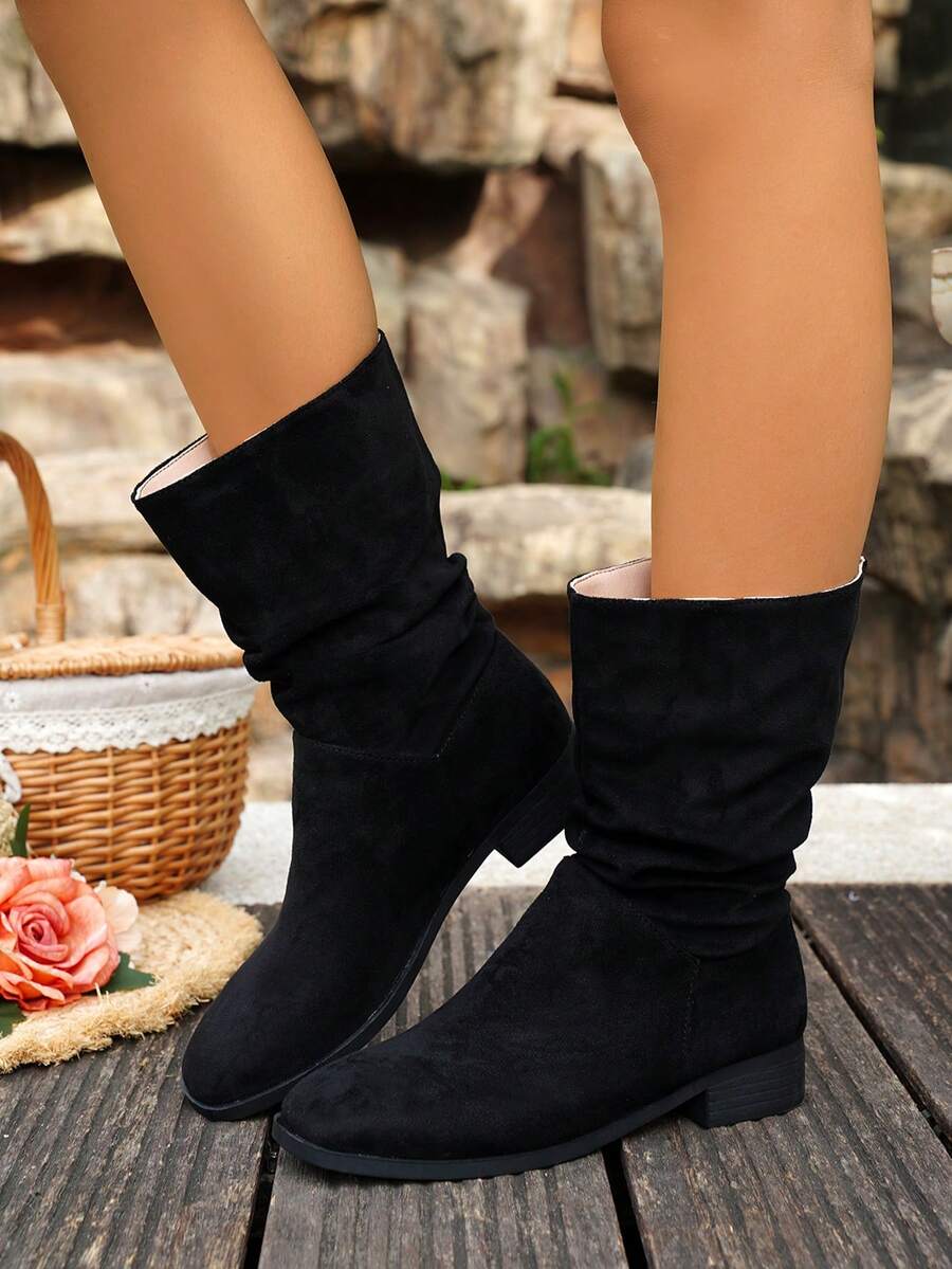 Women's Vintage Knight Mid-Calf Boots, Thick Heel, Versatile Western Folding Boots For Spring/Autumn - Black - View 1