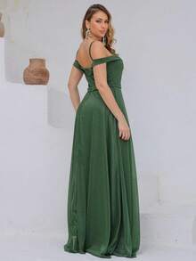 Long Off-The-Shoulder Party Dress With Sparkle For Bridesmaid, Wedding, Princess Graduation - 橄欖綠 - 查看 3