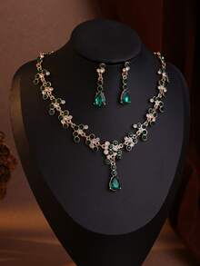 4-Piece Elegant Baroque Water Drop Rhinestone Crown Necklace And Earrings Set, Suitable For Weddings And Events - 綠色 - 查看 2