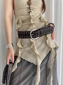 1pc Women's Coffee-Color Wide PU Leather Vintage Boho Rivet Belt