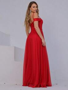 Long Off-The-Shoulder Party Dress With Sparkle For Bridesmaid, Wedding, Princess Graduation - 紅色 - 查看 3