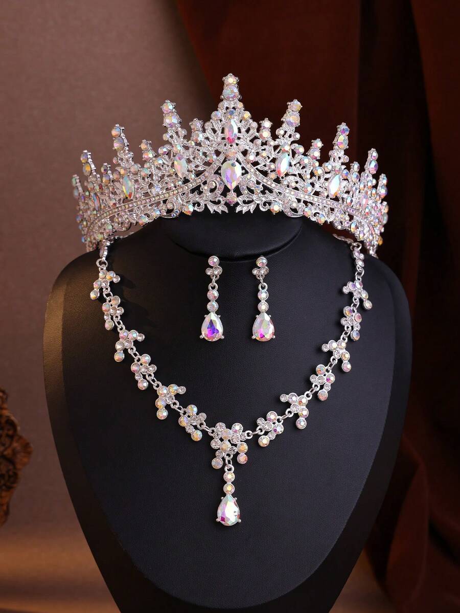 4pcs Elegant Baroque Rhinestone Crown Necklace And Earrings Set, Suitable For Wedding And Event Occasions Tiaras - Nhiều màu - Xem 1