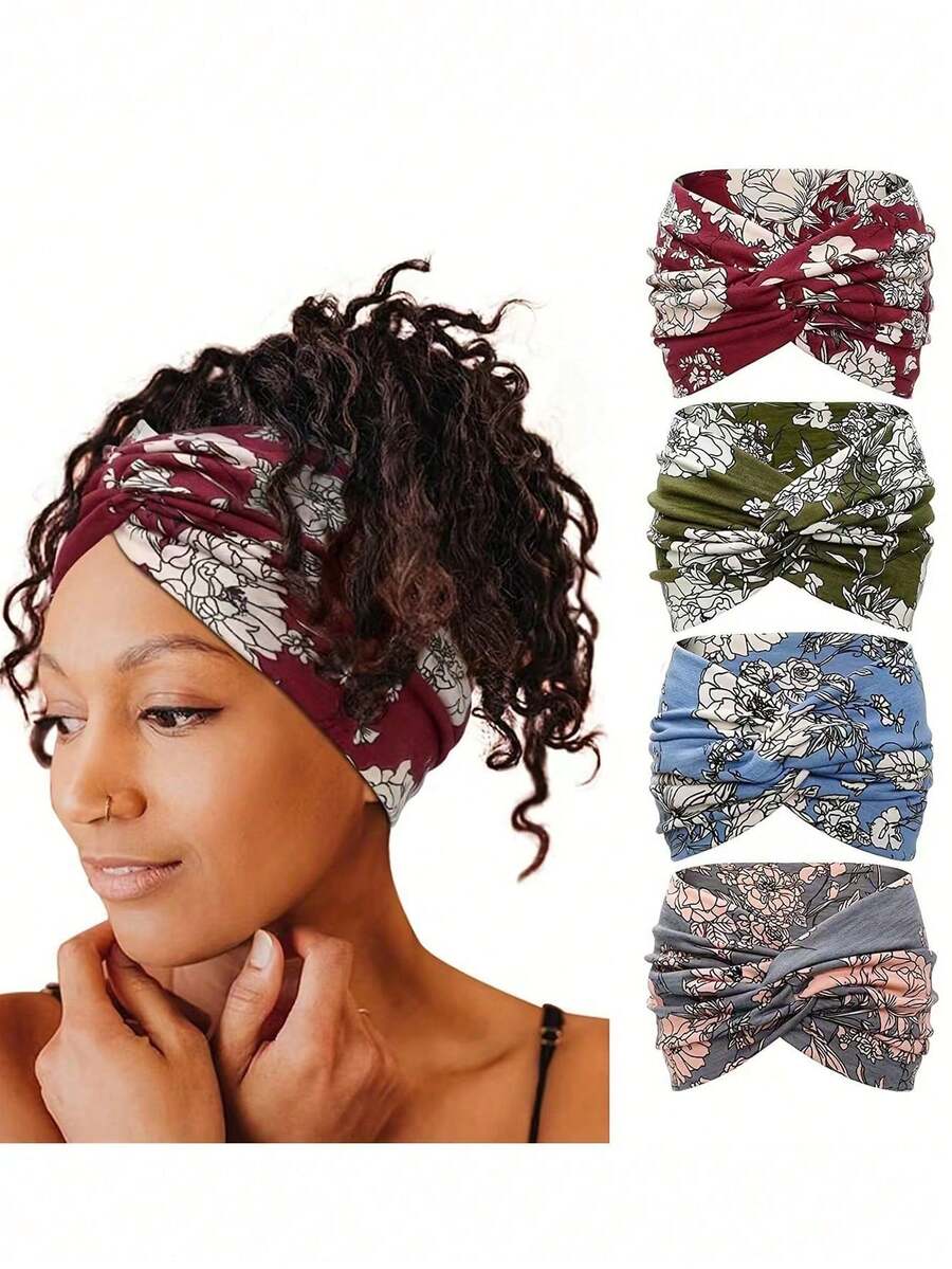 1 件/4 件女士扎染扭纹十字弹力头带，佩斯利图案和纯色柔软瑜伽运动健身发饰发带 - 彩色 - 查看 1