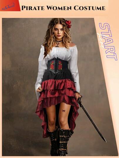 Medieval Pirate Queen Corset And Ruffle Maxi Skirt Sailor Costume For Halloween