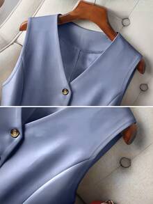 Women's Casual Lightweight Single Breasted Sleeveless Blazer, Spring & Summer Office Wear - Blue - View 5