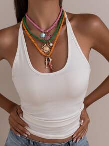 3 Stücke/1 Stück Boho Stil Halsketten Set für Frauen, Meereslebens-Charms mit Fisch, Sonne, Krabbenpendants an geflochtener Kette, mehrschichtige Gestaltung, modische Halskette für den Sommer