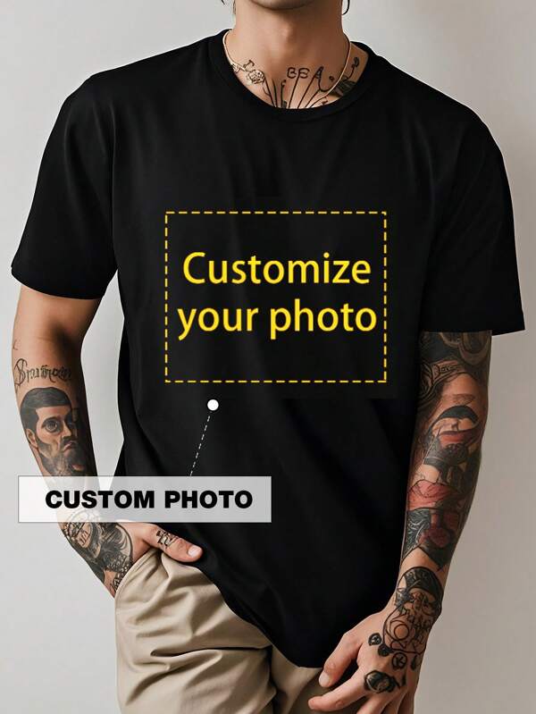Customized Men's T-Shirt With Personalized Design, Upload Your Photo/Couple Photo/Best Friend/Pet/Scenery/Family, Black T-Shirt For Spring/Summer, Halloween Costume, Scary Pumpkin Face, Holiday/Anniversary Gift, Company Uniform, Music Festival Outfit, Gift For Him, Men's Round Neck Short Sleeve T-Shirt, Party Outfit, Men's Black Short Sleeve