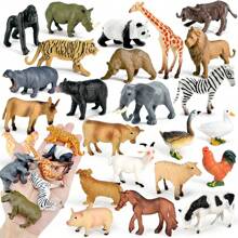 24 specie animali non ripetitivi, di dimensioni approssimative di 1-3 pollici, in materiale PVC solido, come leone, tigre, elefante, panda, giraffa, rinoceronte, ippopotamo, orso bruno, orso nero, zebra, gorilla, bufalo, bue giallo, mucca, asino, cavallo, maiale, cane, capra, pollo, anatra, oca, pecora e altri modelli di animali simulati, molto adatti per la decorazione domestica, giocattoli modello per l'insegnamento cognitivo dei bambini, regali per le feste