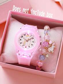 2件套女孩儿童夜光手表 - 夜光卡通独角兽石英手表和串珠独角兽手链（无包装盒） - 粉色 - 查看 1