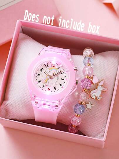 2件套女孩儿童夜光手表 - 夜光卡通独角兽石英手表和串珠独角兽手链（无包装盒）