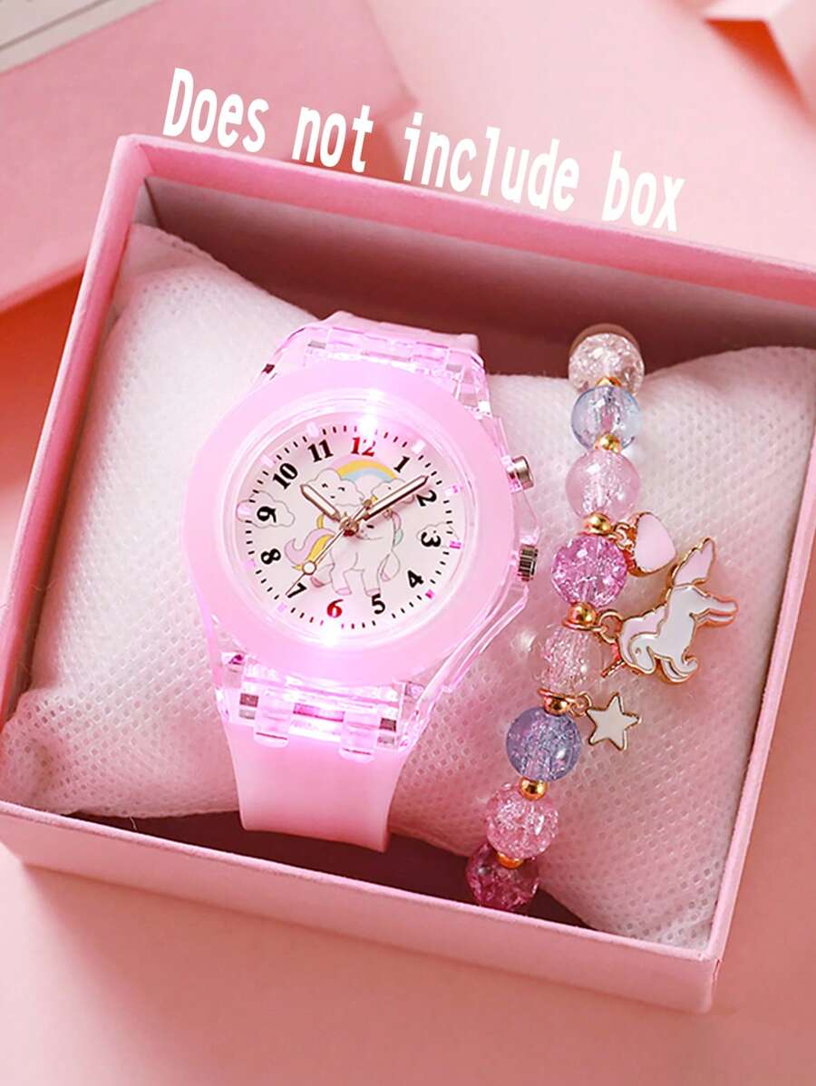 2件套女孩儿童夜光手表 - 夜光卡通独角兽石英手表和串珠独角兽手链（无包装盒） - 粉色 - 查看 1