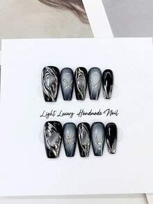 10 sztuk długich paznokci, Diablo Mergerian Nail Art Nowy styl DIY Ciężcy pracownicy, Ciężcy pracownicy, Punk Style Mechanical Warfare Patterns Design Czarne paznokcie, Zdejmowane ponownie użyte materiały do paznokci, Proszek do paznokci, Rozrzucone paznokcie odpowiednie dla mężczyzn, Panie na scenie, Impreza taneczna, Sceny Dacking Użyj 1 kawałka kleju Fructic Jelly i 1 paska ściernego