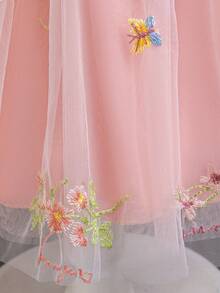Young Girl Floral Embroidered Tulle Bowknot Fairy Little Princess Dress Garden Flower Girls Party Wedding Birthday Dresses - 粉色 - 查看 8