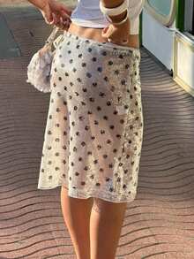 Women's Summer Skirts Sequins Lace Trim Elastic Waist See Through Short Pencil Skirts - trắng - Xem 5