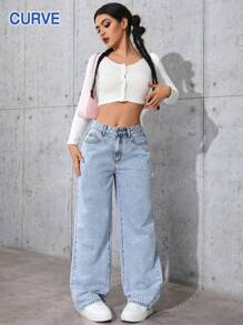 Jeans droits casual et lâches en denim lavé pour femmes grande taille