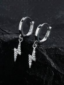 1 Pair Punk Minimalist Zirconia Lightning Stud Earrings, Hypoallergenic Fashion Unisex Earrings, Suitable For Christmas, Jewelry Gifts, Parties, New Year, Valentine's Day - Silver - View 5