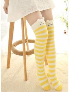 Womens Thigh High Fuzzy Socks Cute Over Knee Stockings Winter Warm Stripe Leg Warmers - Màu vàng - Xem 5