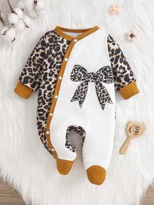婴儿女孩休闲可爱豹纹蝴蝶结印花连体衣，长袖家居服，春秋季 - 棕色 - 查看 1