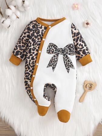 Infant Baby Girls Casual Cute Leopard Bow Print One-Piece Jumpsuit Romper, Long Sleeve Home Outfit, Spring/Autumn
