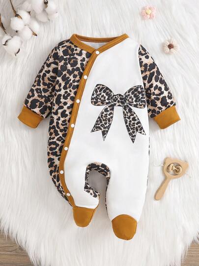 Tuta intera neonata/bambina casual carina con stampa a fiocco leopardato, tutina intera a maniche lunghe, outfit per casa, primavera/autunno