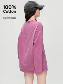 女式复古褪色美式时尚休闲棉质 T 恤 - 0A23(洗水)火龍果紅-YH769黑色 - 查看 4