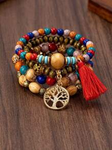 4pcs/Set Boho Style Wooden Life Tree Charm Bracelets, Elastic Rope Bangles For Daily Wear & Parties