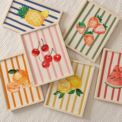 Set de 6 impresiones de arte abstracto con frutas, arte de pared minimalista sin marco con fresa, sandía, limón, cítricos, mango, piña, cereza tropical