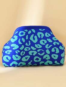 Leopard Print Clutch Bag, Contrast Color Knitted Wristlet, Spacious And Stylish Handbag