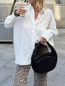 Women's Textured Sheer Striped Long Sleeve Casual Business Blouse, Autumn/Winter - White - View 4