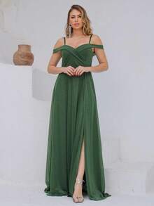 Long Off-The-Shoulder Party Dress With Sparkle For Bridesmaid, Wedding, Princess Graduation - 橄欖綠 - 查看 1