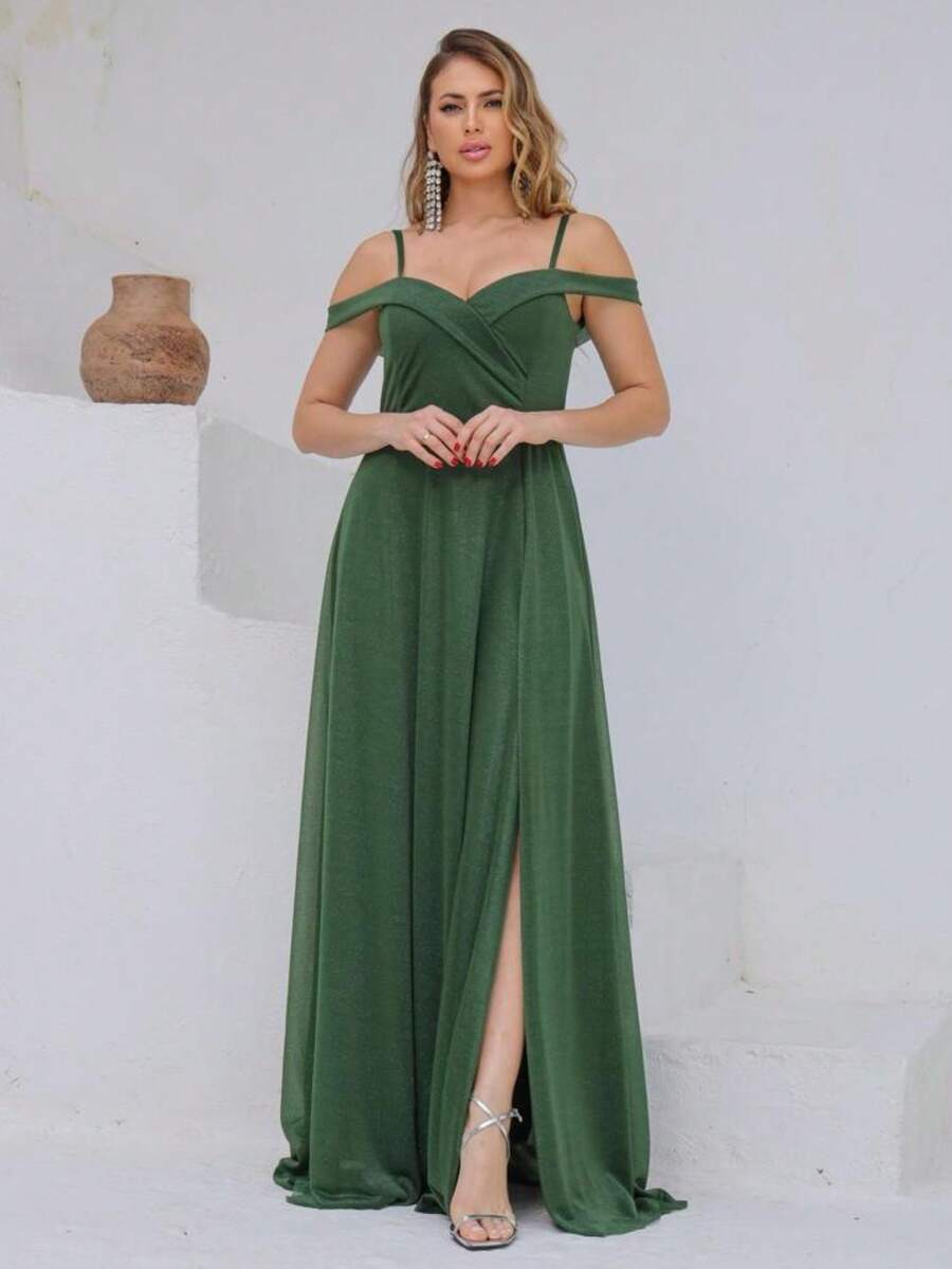 Long Off-The-Shoulder Party Dress With Sparkle For Bridesmaid, Wedding, Princess Graduation - 橄欖綠 - 查看 1