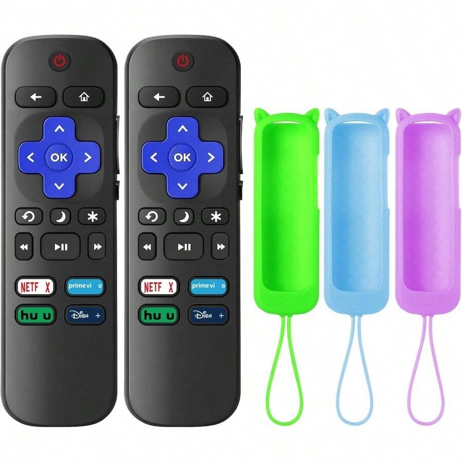paquete de 3 fundas suaves de silicona con 2 paquetes de control remoto de repuesto para televisores inteligentes universales compatibles con las series Hisense, Sharp y Onn Roku, no para Roku Stick y Box - Paquete de 2 controles remotos, cubierta azul, cubierta morada y cubierta verde - Ver 1