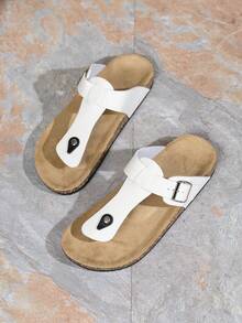 时尚扣平底软木拖鞋，男女度假风夏季沙滩人字拖，户外休闲凉鞋 - 白色 - 查看 5