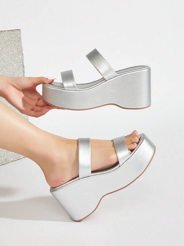 Silver High Quality Leather Double Strap Sandals With Soft Padded Leather Insole, Wide Toe Box, Comfortable Wedge Platform Slip On Shoes, Classic Fashionable Design, Thick Sole, Convenient Slip On, Suitable For All Seasons